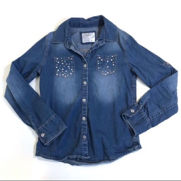 Justice Girl’s Embellished Chambray Shirt Sz 10 - Picture 9 of 9